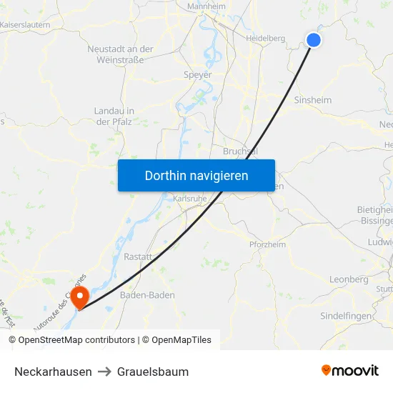 Neckarhausen to Grauelsbaum map