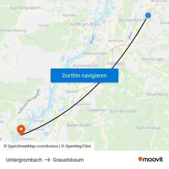 Untergrombach to Grauelsbaum map