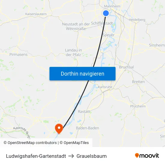 Ludwigshafen-Gartenstadt to Grauelsbaum map