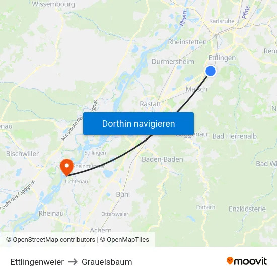 Ettlingenweier to Grauelsbaum map