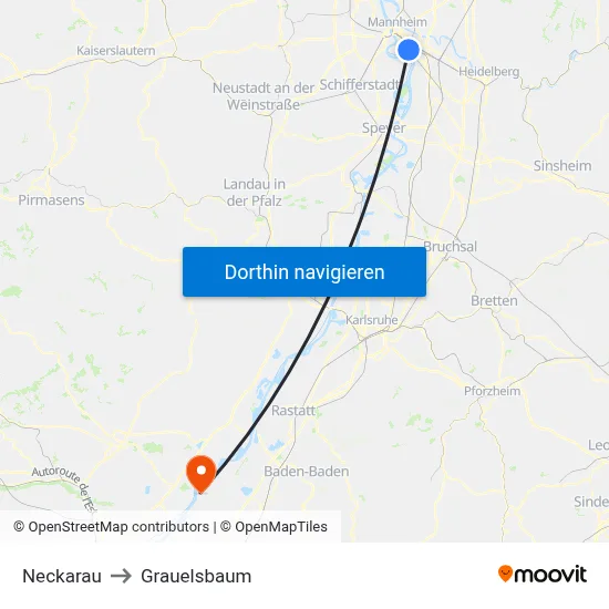 Neckarau to Grauelsbaum map