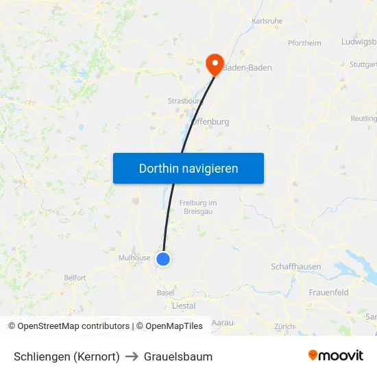 Schliengen (Kernort) to Grauelsbaum map