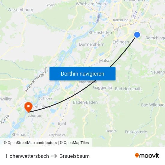 Hohenwettersbach to Grauelsbaum map