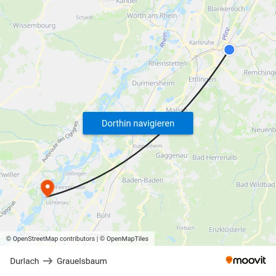 Durlach to Grauelsbaum map