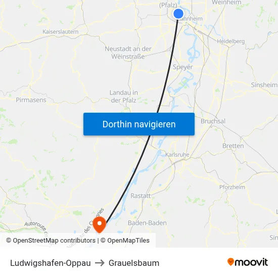 Ludwigshafen-Oppau to Grauelsbaum map