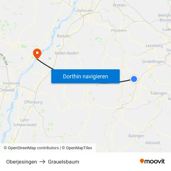 Oberjesingen to Grauelsbaum map
