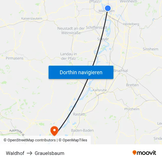 Waldhof to Grauelsbaum map