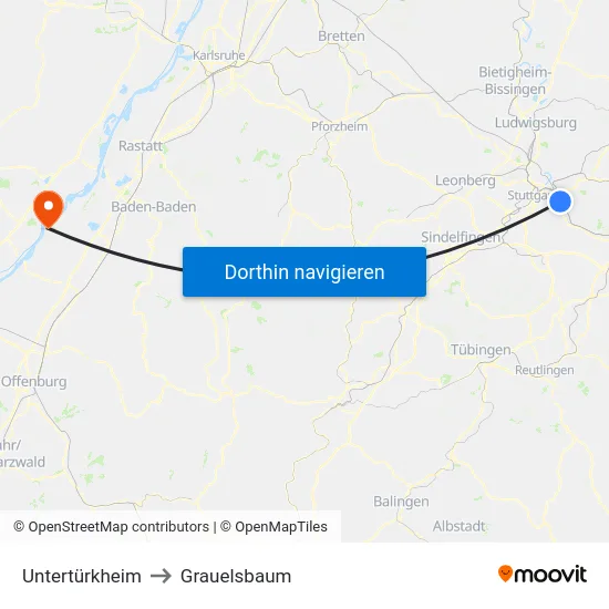 Untertürkheim to Grauelsbaum map