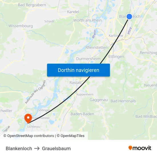 Blankenloch to Grauelsbaum map