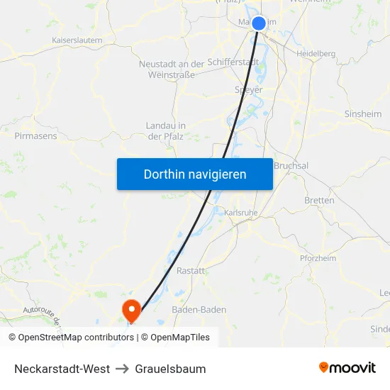 Neckarstadt-West to Grauelsbaum map