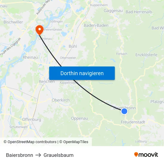 Baiersbronn to Grauelsbaum map