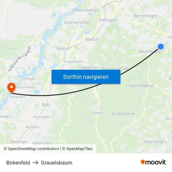 Birkenfeld to Grauelsbaum map
