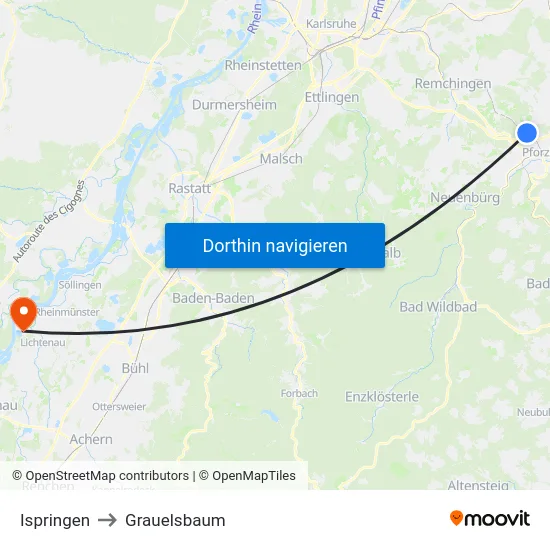 Ispringen to Grauelsbaum map