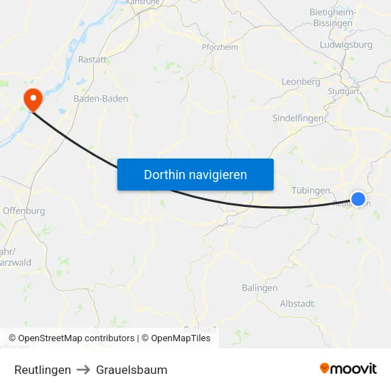 Reutlingen to Grauelsbaum map