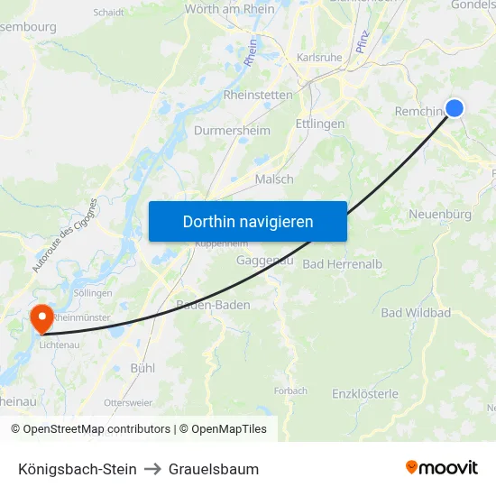 Königsbach-Stein to Grauelsbaum map