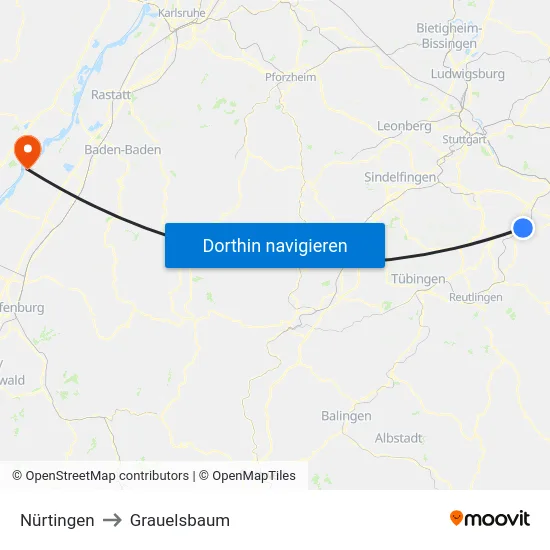 Nürtingen to Grauelsbaum map