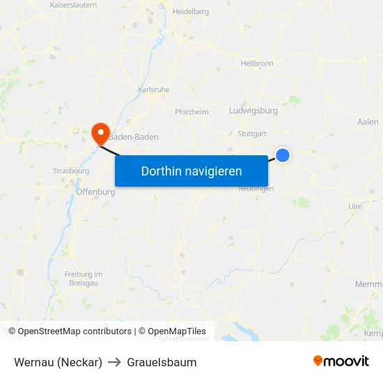 Wernau (Neckar) to Grauelsbaum map