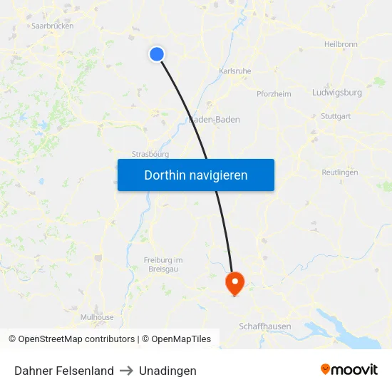 Dahner Felsenland to Unadingen map