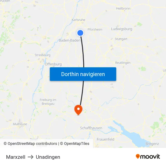 Marxzell to Unadingen map