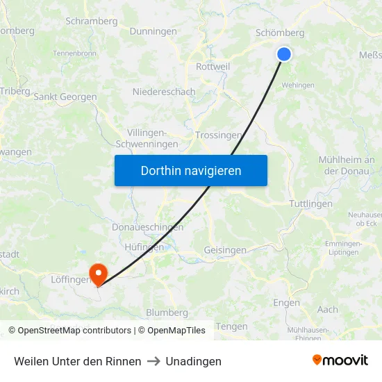 Weilen Unter den Rinnen to Unadingen map