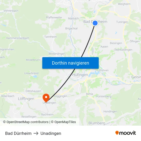 Bad Dürrheim to Unadingen map