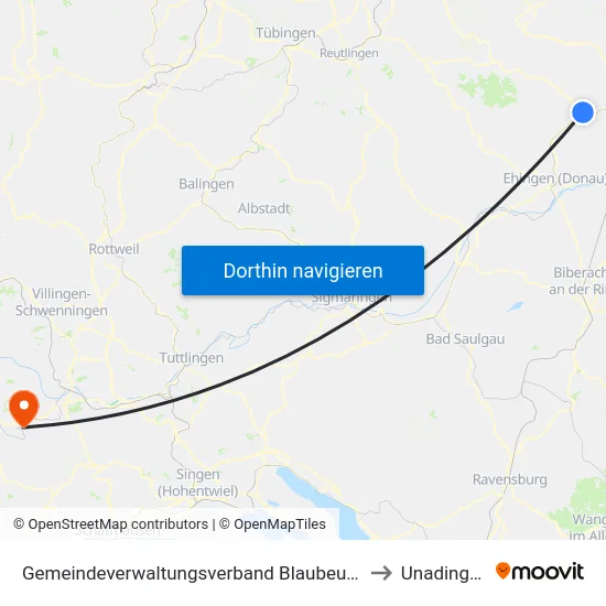 Gemeindeverwaltungsverband Blaubeuren to Unadingen map