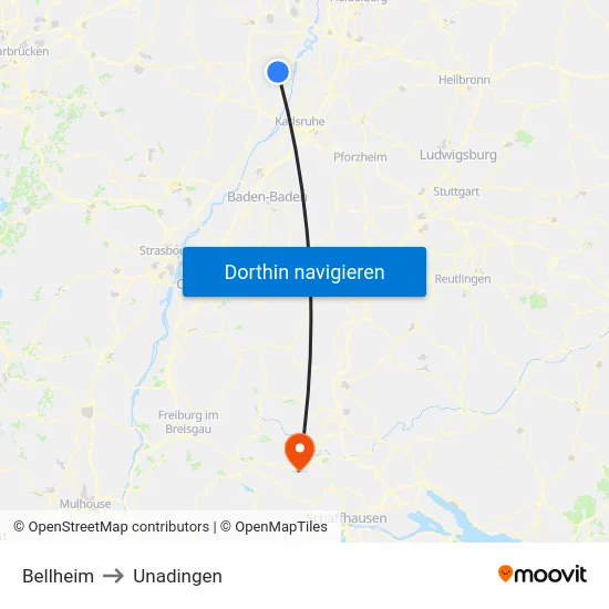 Bellheim to Unadingen map