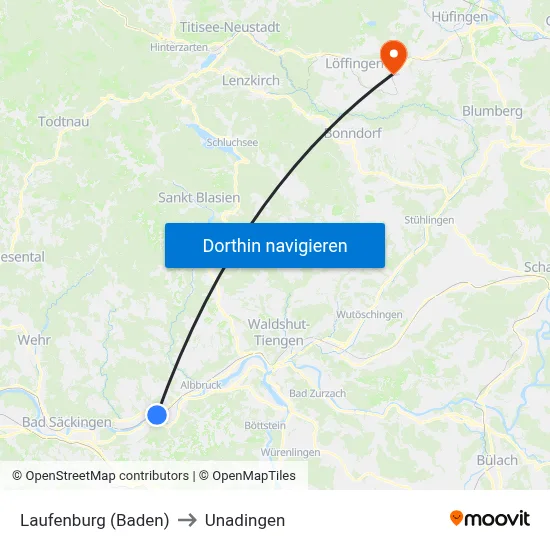Laufenburg (Baden) to Unadingen map