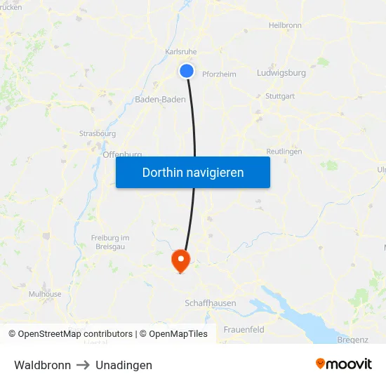 Waldbronn to Unadingen map