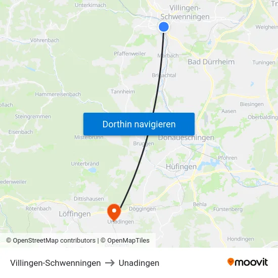 Villingen-Schwenningen to Unadingen map