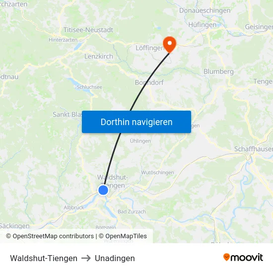 Waldshut-Tiengen to Unadingen map