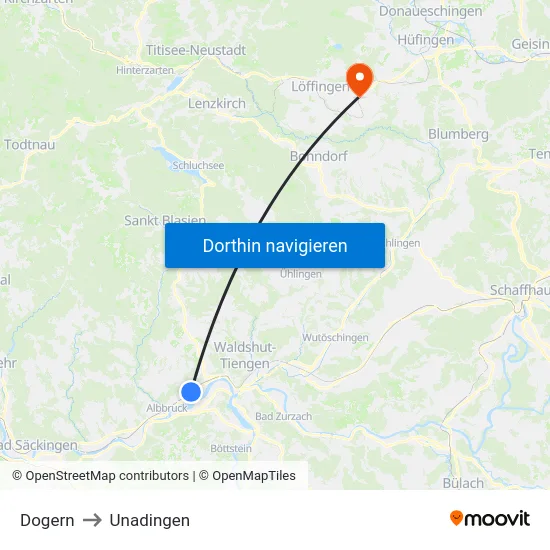 Dogern to Unadingen map