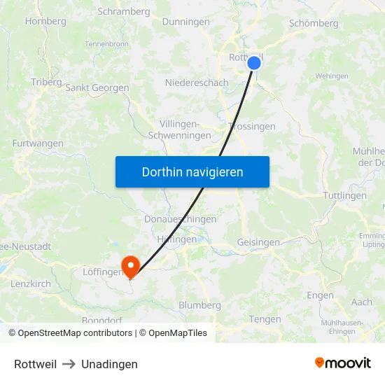 Rottweil to Unadingen map