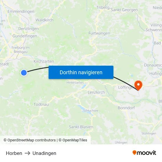 Horben to Unadingen map