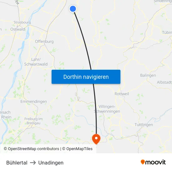 Bühlertal to Unadingen map