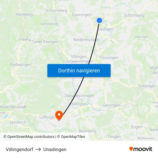 Villingendorf to Unadingen map