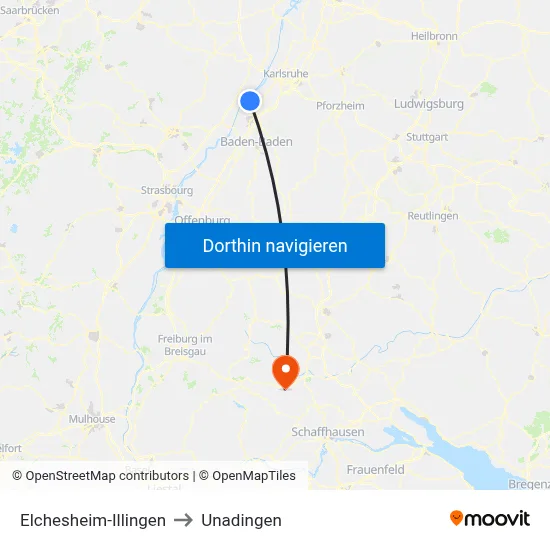 Elchesheim-Illingen to Unadingen map