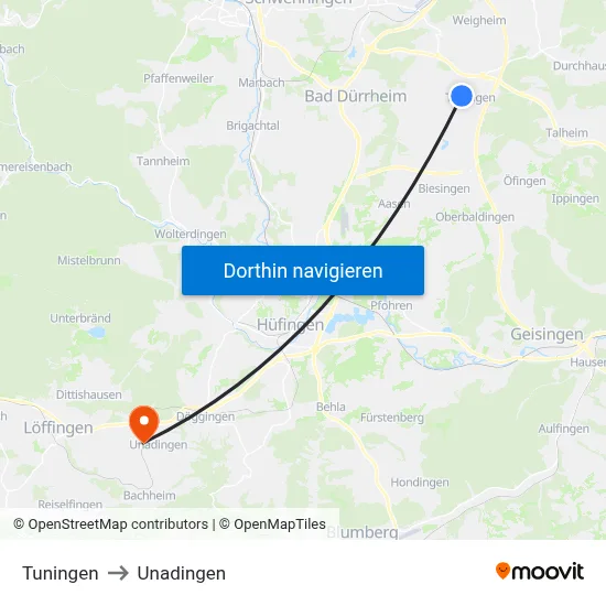 Tuningen to Unadingen map