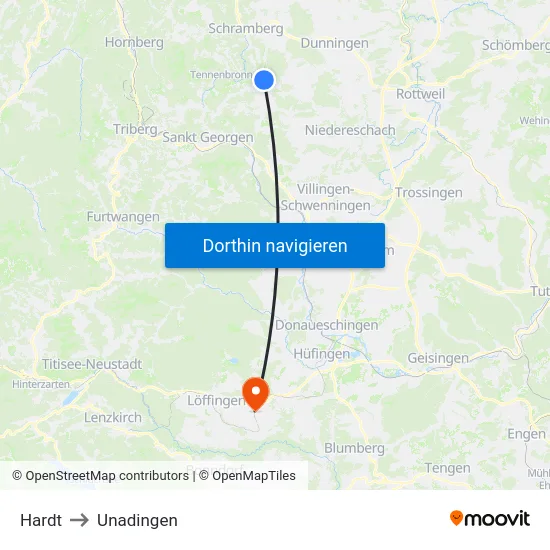 Hardt to Unadingen map