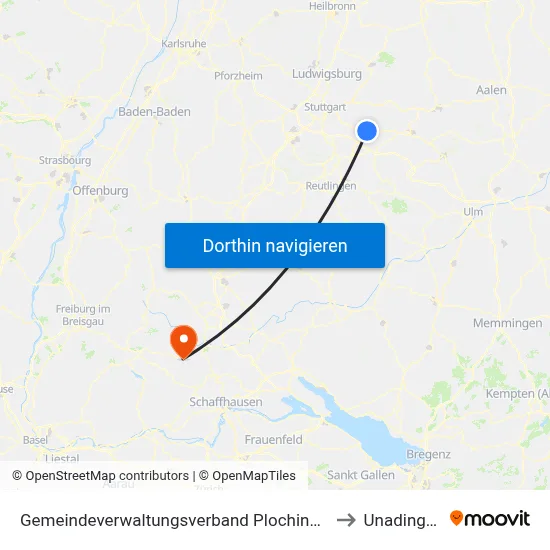 Gemeindeverwaltungsverband Plochingen to Unadingen map