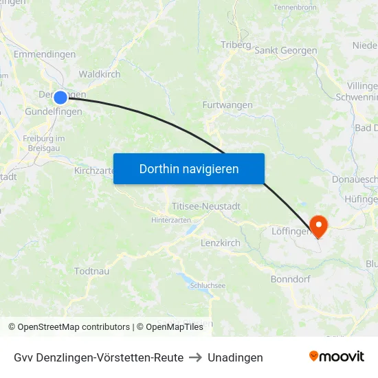 Gvv Denzlingen-Vörstetten-Reute to Unadingen map