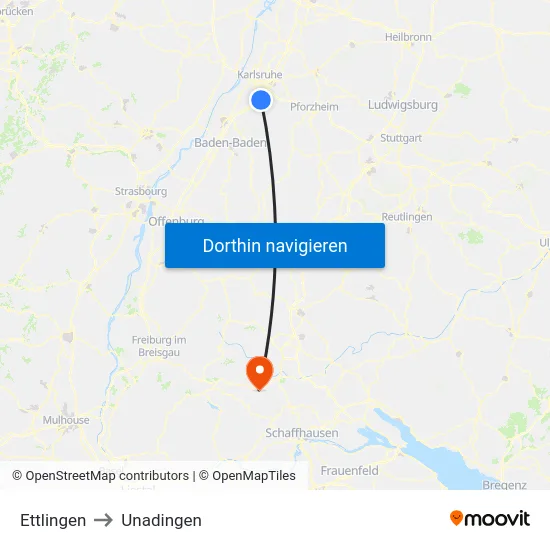 Ettlingen to Unadingen map