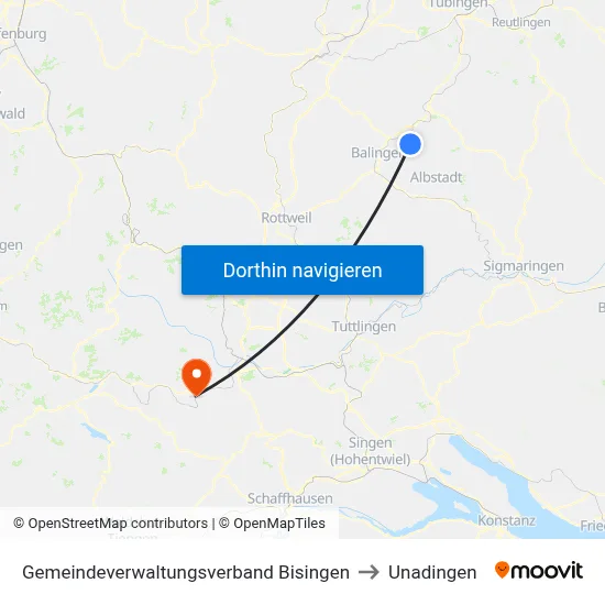Gemeindeverwaltungsverband Bisingen to Unadingen map