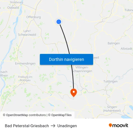 Bad Peterstal-Griesbach to Unadingen map