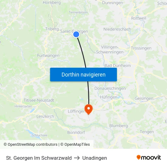 St. Georgen Im Schwarzwald to Unadingen map