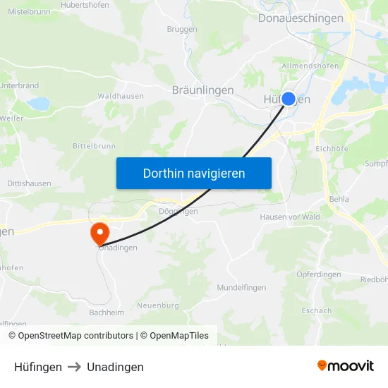 Hüfingen to Unadingen map