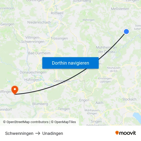 Schwenningen to Unadingen map
