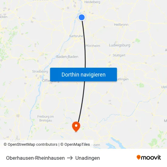 Oberhausen-Rheinhausen to Unadingen map