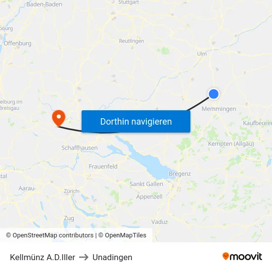 Kellmünz A.D.Iller to Unadingen map