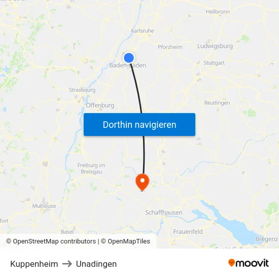 Kuppenheim to Unadingen map